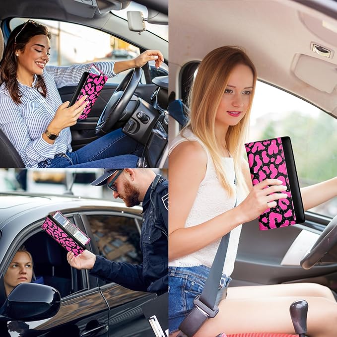 FinestHouse Car Registration and Insurance Holder with Magnetic Closure, Universal Document Organizer for License, Insurance Cards & Glove Box Storage (Leopard-Glitter Hot Pink)