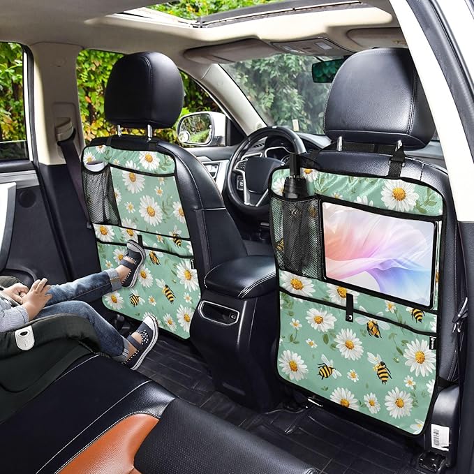 1 Pack Back Seat Car Organizer with Storage Pockets Kick Mats Back Seat Protector Hanging Car Organizer Automotive Seat Back Cover Organizers Mint Green Daisy Flowers and Bees