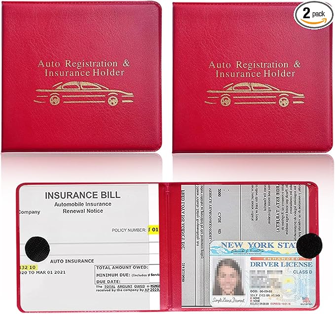 Ziciner Car Registration Insurance Holder, 2Pack Essential Auto PVC Card Document Glove Box Organizer with Velcro Closure, Universal Car Accessories for Men & Women (S-Gold/Red)