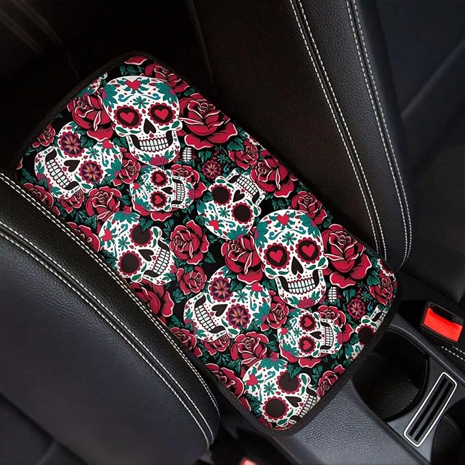 Rose Sugar Skull Car Center Console Cover Breathable Soft Car Armrest Cover Cushion Non Slip Middle Console Protector Mat Sugar Skull Auto Interior Accessories Decor