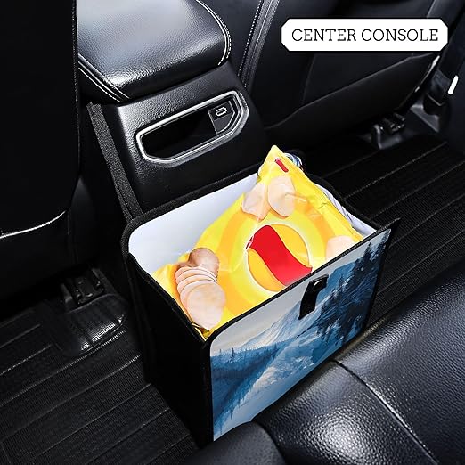 Car Trash Can Organizer Bin with Adjustable Strap for Back Front Seat Console Waterproof Leakproof Collapsible Portable 11 Inch Winter Blue Mountain and Mirrored Lake
