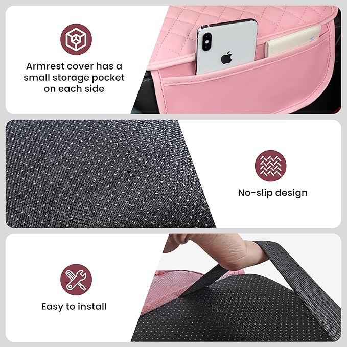 DSCARCovers Upgraded Car Center Console Cover Pink,Microfiber Leather Car Armrest Cover Cushion with 2 Storage Bags,Universal Car Armrest Storage Box Car Interior Accessories for Most Vehicles (Pink)