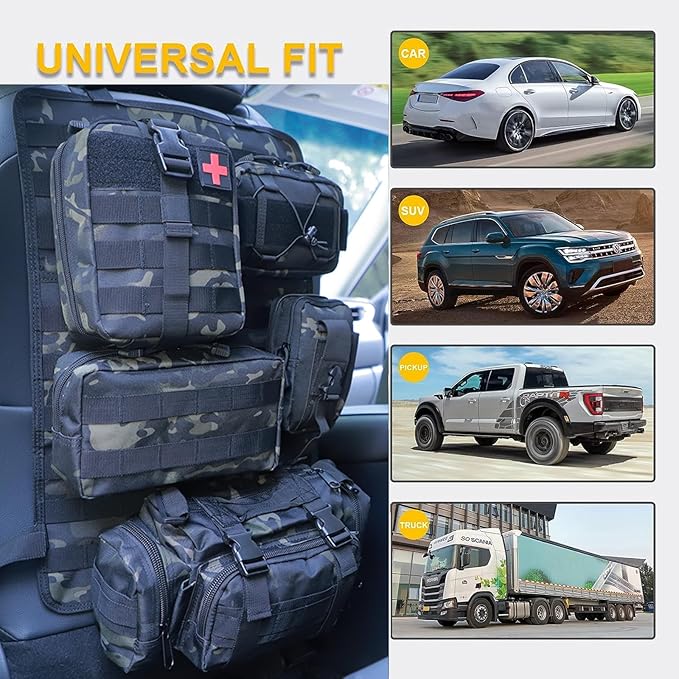 Tactical Car Seat Back Organizer Bag Tactical Molle Vehicle Organizers Panel Vehicle Protector Organizers with 5 Detachable Pouches for Car Truck Ford (Black camo)