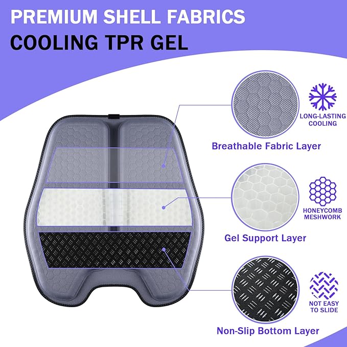 Soft Thin Gel Seat Cushion for Car Seat, Office Chair, Wheelchair, Stadium - Non-Slip Car Seat Cushions with 1 Inch Gel - Sciatica & Tailbone Pain Relief (Blue Gray)