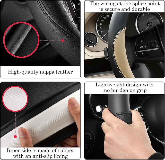 Beige Car Steering Wheel Cover, Nappa Leather, Bottom Color Blocking, Universal 14.5-15 Inch Leather Anti-Slip Breathable Auto Steering Wheel Covers for Men Women