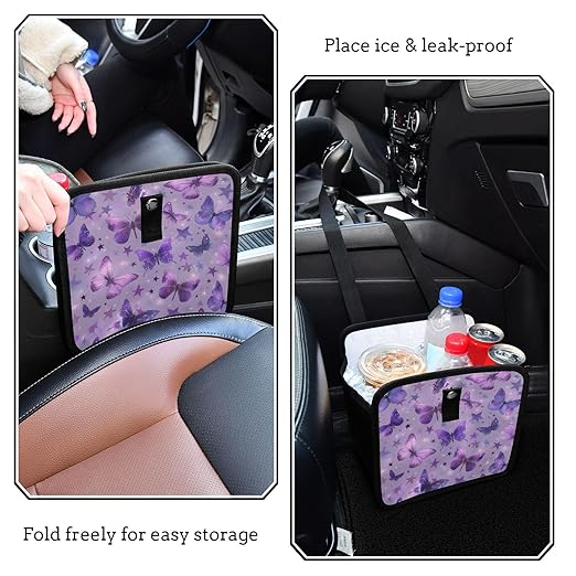 Car Trash Can Organizer Bin with Adjustable Strap for Back Front Seat Console Waterproof Leakproof Collapsible Portable 11 Inch Purple Dreamy Butterflies and Stars