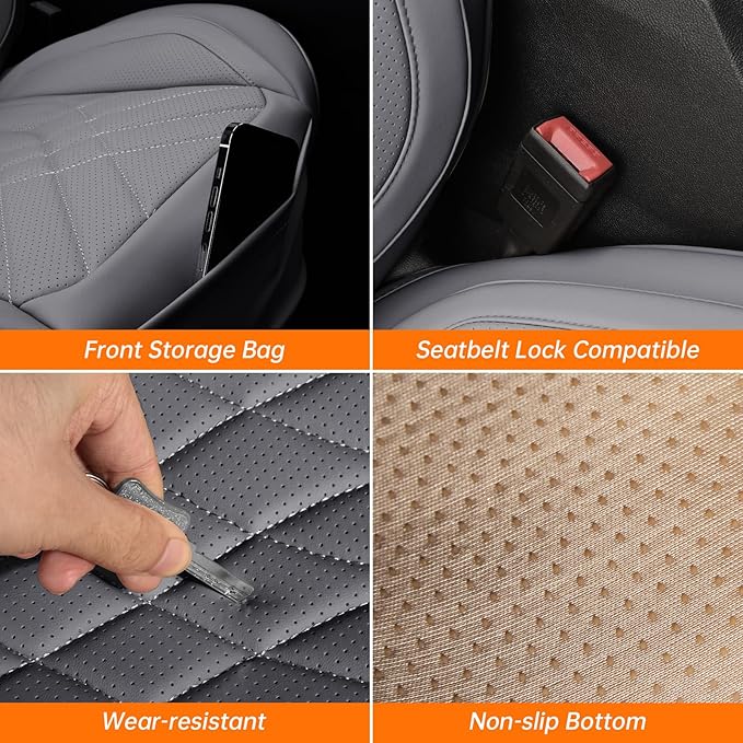 GEZHOUBA Full Coverage Car Seat Covers Full Set Waterproof, Luxury Leather Automotive Seat Covers Car Seat Protector, Front & Rear Seats Cover Sets Universal Fit for Most Vehicles Sedans SUVs, Gray