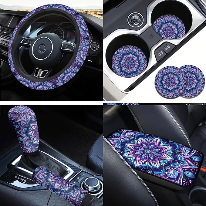 6PCS Hippie Car Steering Wheel Cover Sets Boho Lotus Cup Holder Handbrake Gear Cover Auto Interior Accessories for Men Women