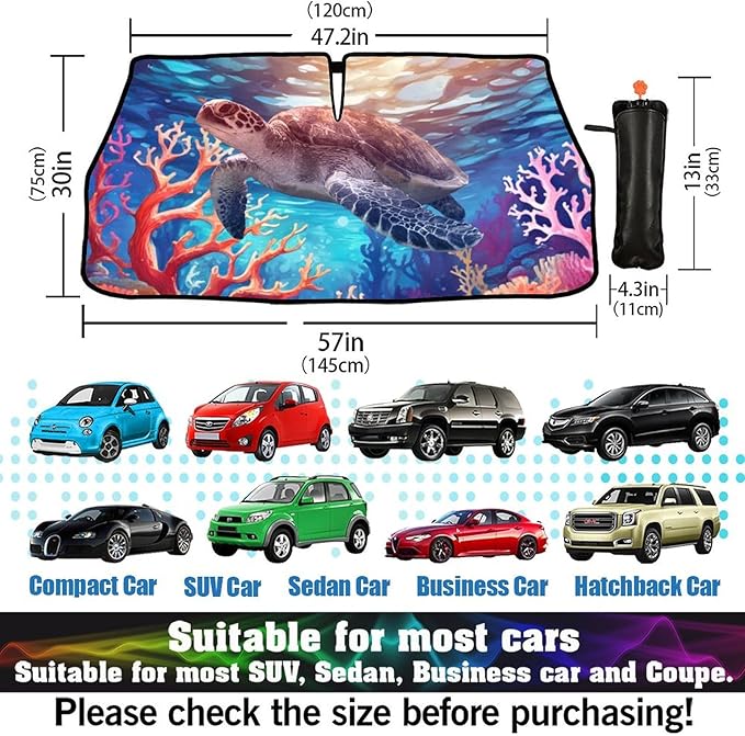DOPINDU Sea Turtle Car Windshield Sun Shade Umbrella Bendable Handle Foldable Funny Sunshade for Car Windshield Block UV Rays Keep Vehicle Cool for Most Sedans SUV Trucks Cars 57"x30"