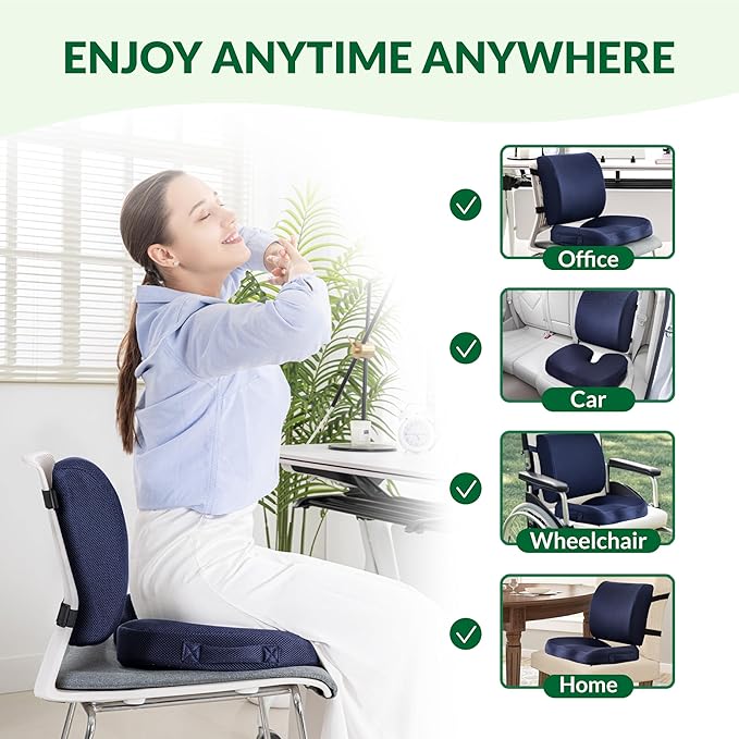 FuturaLoom Charcoal Memory Foam Seat Cushion & Adjustable Lumbar Pillow Set - Back Support for Pain Relief (Sciatica,Tailbone),Washable & Non-Slip,Multipurpose for Office,Car,Wheelchair - Navy Blue