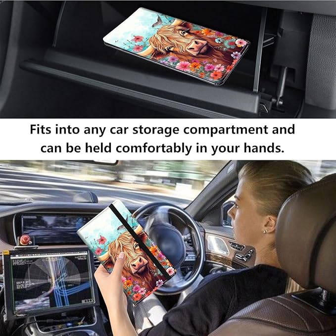 Qindaiwen Car Registration and Insurance Holder, Vehicle Card Document Elastic Band Closure Glove Box Organizer, Driver License Cards, Car Accessories for Essential Info, Cow Flowers
