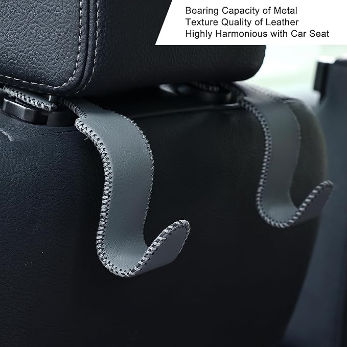 Amooca Car Seat Headrest Hook Universal Vehicle Storage Hanger Leather with Metal Car Seat Back Organizer for Handbag Purse Coat Grey 2 Pack