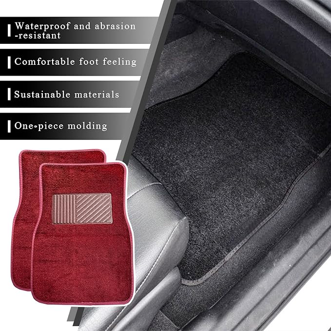 4PCS Car Floor Mats, Anti-Slip Waterproof Car Carpets with Safety Heel Pad, Heavy Duty Floor Mat for All Weather Protection, Universal Trim to Fit for Sedans Trucks SUVs (Wine Red)