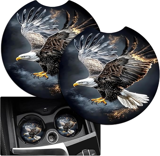 JANENFNA Car Armrest Cover Pads Universal Fashion Cute Auto Center Console Armrest Cover Pad with 2PCS Car Coasters Soft Waterproof Car Armrest Seat Protector for Women,Flaming Eagle