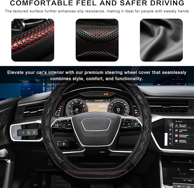 Car Steering Wheel Cover, 15 Inches Leather Comfy Grip Steering Wheel Protector with 3D Honeycomb, Anti-Slip D-Shaped Wheel Wrap Cover for Most Vehicles, Car Accessories (Black)