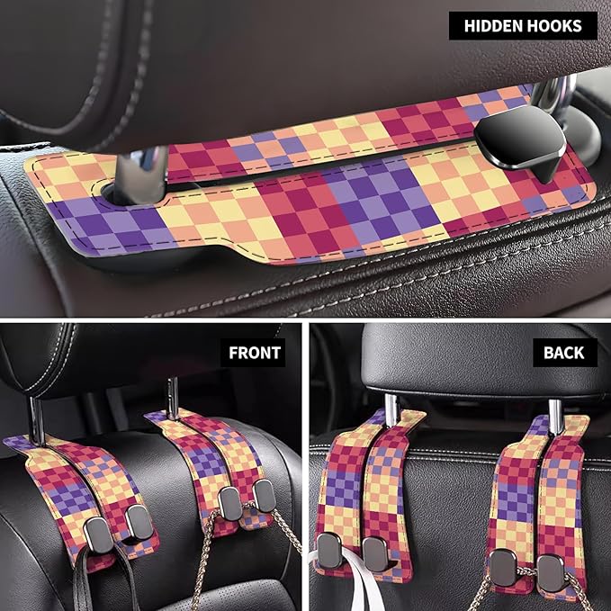 AXBSAKDI Car Seat Back Storage Headrest Hook, Premium Leather Double Metal Hook, Hanger Storage Organizer for Purse Cloth Bag, Car Interior Accessories Cute Colorful Plaid