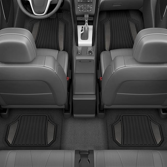Motor Trend ChromeTech Car Floor Mats Full Set - Durable Rubber Floor Mats for Cars with Two Tone Accent, All Weather Interior Protection for Front and Rear with Non-Slip Backing, Gunmetal Chrome