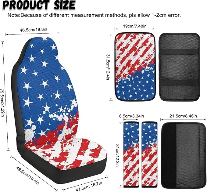 Qeluxign Car Seat Covers 2 Front Seats Splatter American Flag Universal Fit Center Console Protector Auto Seat Belt Cover Against Stains, Spills, Dust Car Interior Accessories 5 Piece Set