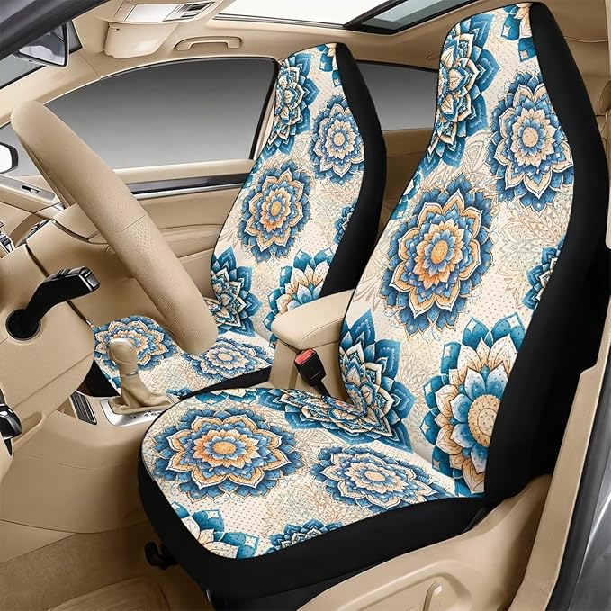 FUSURIRE Blue Mandala Flower Print Seat Covers for Cars Full Set 5-Pcs, PU Car Accessories Seat Belt Covers Pads + Vehicle Armrest Protector for Women Men Interior Accessories Decor
