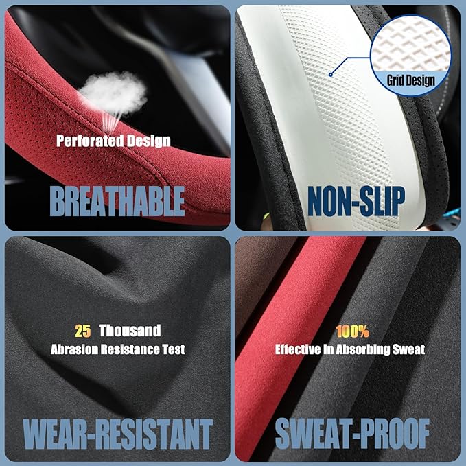 14 inch Red Suede Steering Wheel Cover, Breathable Non-Slip Sweat-Proof Wear-Resistant No Pilling, Warm in Winter and Cool in Summer