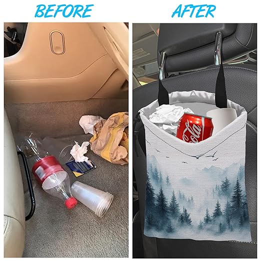 ghatobty Car Trash Bag Hanging Misty Forest and Birds Car Trash Can Waterproof Garbage Bag Hanging for Car Back Seat