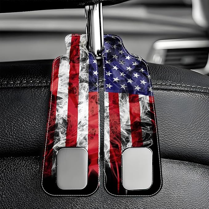AEWNUNK Car Headrest Purse Hanger Vintage National America Flag 1 Pack Bag Purse Holder for Car Premium Leather Double Metal Hook for Handbags, Grocery Bags and Phones