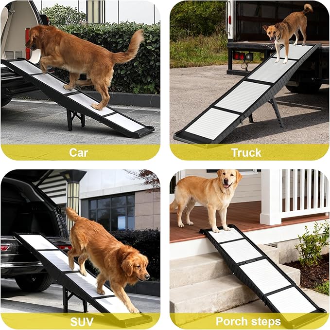 BAQTALE Foldable Dog Ramp for Cars 8 Adjustable Heights with Support Leg, Non-Slip Surface, Portable Pet Ramp for Small, Medium & Large Dogs up to 220lb, Carry-on Size Outdoor Ramp