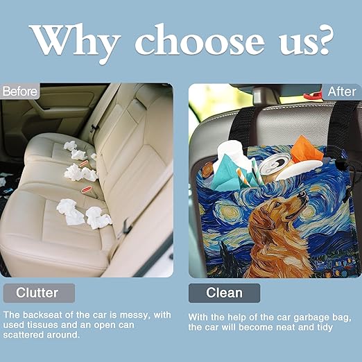 Vintage Starry Night Car Trash Bag,Watercolor Golden Retriever Hanging Drawstring Car Garbage Bag,Canvas Car Back Seat Organizer with Adjustable Buckle for Men and Women