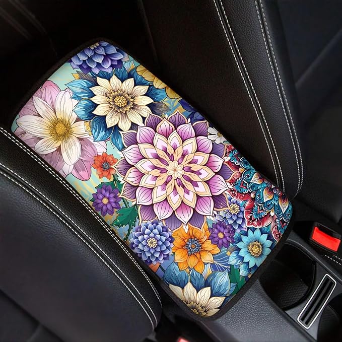 Auto Center Console Pad,Car Armrest Seat Box Cover Protector Universal Fit for Most Vehicle SUV Trucks, Baja Floral