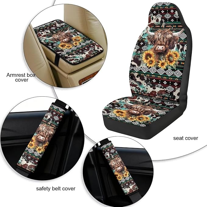 Oramclsy Aztec Tribe Car Seat Covers for Men Highland Cow PU Breathable Armrest Pad PU Breathable Seat Belt Covers 5 Pack Set Accessories Decor Easy to Install