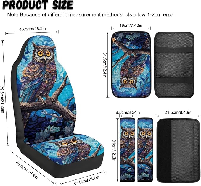 Qeluxign Owl 5-Piece Car Accessories Set Universal Fit PU Leather Seat Covers Seatbelt Pads and Armrest Cover for Cars, Trucks, SUVs