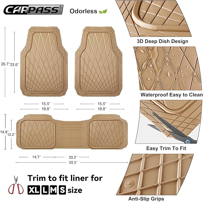CAR PASS Heavy Duty Rubber Car Floor Mats, Deep Dish All Weather Car Mats Full Set, 3 Piece Waterproof Premium Anti-Slip Floor Mats Rugs Universal Trim to Fit for 95% Sedan SUV Van Truck, All Beige