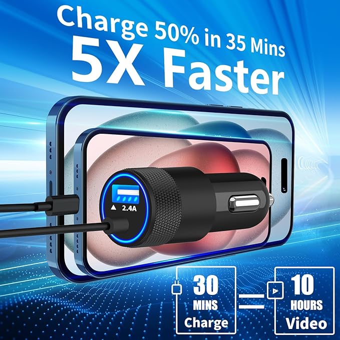 [Apple MFi Certified] iPhone Car Charger Fast Charging, Rombica 4.8A USB Car Power Cigarette Lighter Car Carplay Charger with 6FT Coiled Lightning Cable for iPhone 14 13 12 11 Pro Max XS XR X SE iPad
