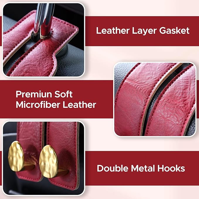 URIZZD 4 PCS Leather Car Seat Hooks for Headrest, Vehicle Hanger Storage Organizer Universal for Handbag Purse, Car Accessories Gift (Red-Gold-4 PCS)