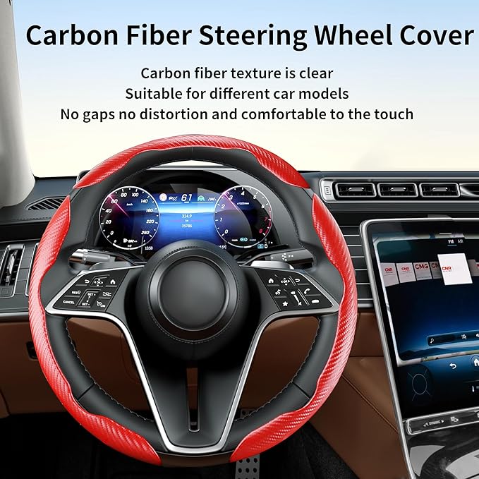 LevChall Carbon Fiber Steering Wheel Cover, 3-Piece Set Anti-Skid Comfortable Grip Segmented Butterfly Design, Easy Snap-On Installation Universal Fit 99% Cars, Red