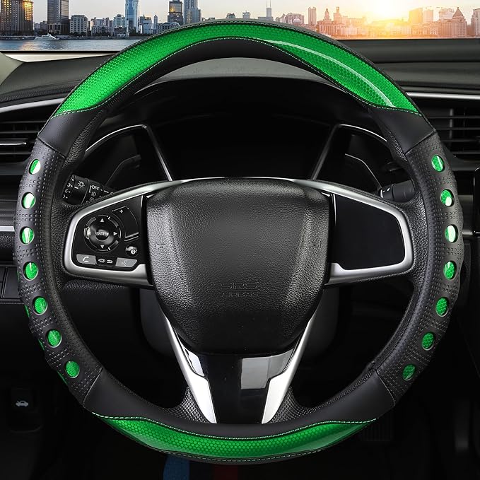 QCYP PU Leather Car Steering Wheel Cover with Anti-Slip Grip, for Women and Men, Universal Fit for 14.5-15 Inch Cars, Trucks, SUVs (Green (Round), Medium(Standard) Size[14 1/2''-15''])