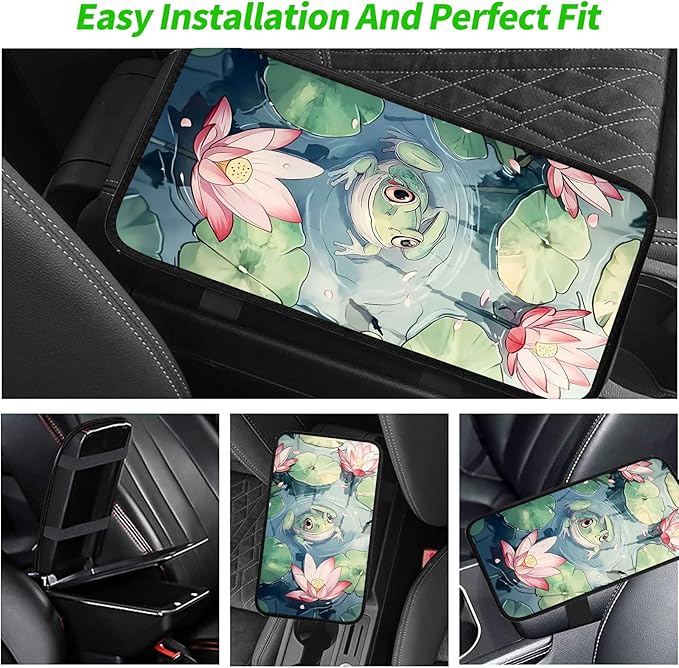 JANENFNA Car Armrest Cover Pads Universal Fashion Cute Auto Center Console Armrest Cover Pad with 2PCS Car Coasters Soft Waterproof Car Armrest Seat Protector for Women,Cute Frog in Pond