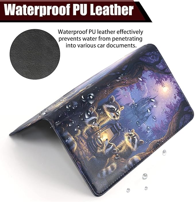 Car Document Holder with Magnetic Shut, Car Registration and Insurance Card Holder, Vehicle Glove Box Organizer Documents, Driver License, Auto Paperwork Organizer Wallet, Raccoons Gathering