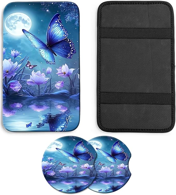 JANENFNA Car Armrest Cover Pads Universal Fashion Cute Auto Center Console Armrest Cover Pad with 2PCS Car Coasters Soft Waterproof Car Armrest Seat Protector for Women,Blue Butterfly