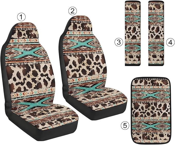Psesaysky Brown Cow Aztec 5 Piece Car Accessories Set with 2 Seat Protectors 2 Seatbelt Pads and 1 Console Pad Water Resistant Universal Fit Truck SUV Protect Your Car Interior