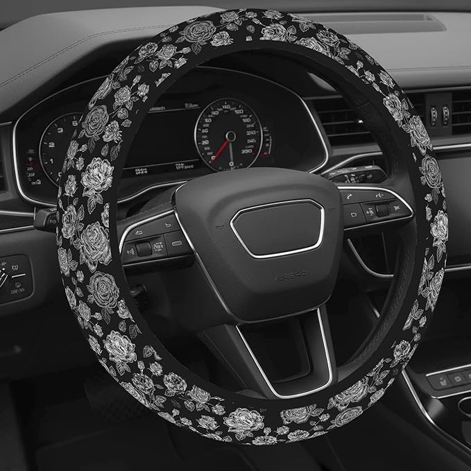 Cute Steering Wheel Cover for Women, Machine Washable Universal 14.5-15.5 inch Non-Slip Grip All Weather Use (Black White Rose)