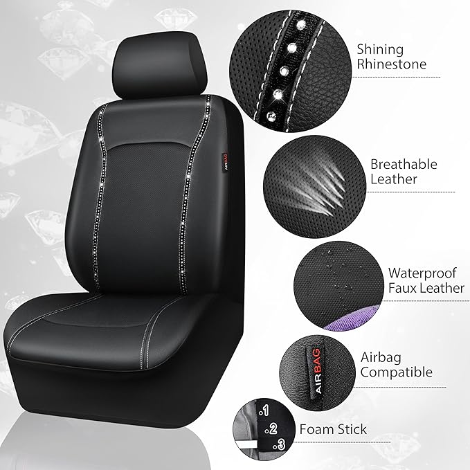 CAR PASS 14 PCS Bling Diamond Car Accessories Set for Women, Leather Seat Covers Front Seats Sparkly Rhinestone 15'' Steering Wheel Covers Shining Diamond Car Floor Mats Cute Interior Sets, Silver