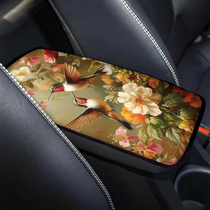 Hummingbird Peony Print Car Center Console Cover,Auto Armrest Box Pad,Soft Auto Arm Rest Cover for Most Vehicle SUV Truck Car