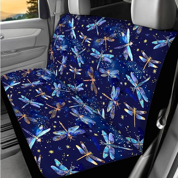 Dngkaoje Blue Dragonfly Car Accessories Full Set 13 Pcs Dragonfly Print Car Seat Covers Set for Front and Rear Cute Steering Wheel Cover Collapsible Garbage Bin Cup Mats,Universal Fit
