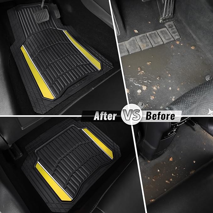 CAR PASS Heavy Duty Rubber Car Floor Mats, Deep Waterproof Car Floor Mats All Weather, Aluminum Film Floor Mats for Cars Non-Slip Universal Trim to Fit for SUV Trucks Sedans Vans,Black Yellow Metallic