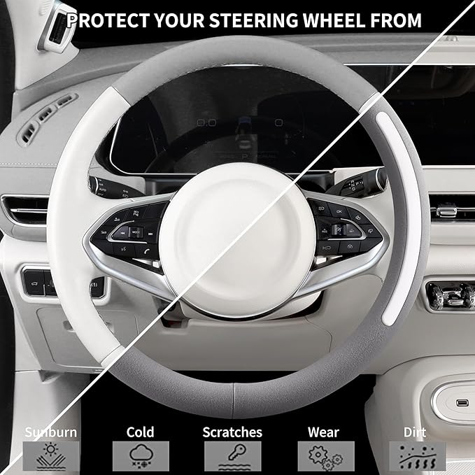 Steering Wheel Cover, Universal 15 inch, Faux Leather Steering Wheel Protector, Anti-Slip, Breathable & Heating-Compatible for Cars Trucks SUVs Vans