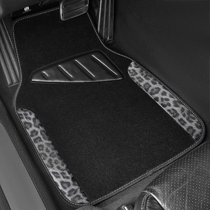 CAR PASS Waterproof Universal Car Floor Mats, Leopard Print Car Mats Fit for SUV,Vans,sedans, Trucks,Set of 4pcs Car Carpet with Driver Heel Pad and Nibs Backing, Leopard Car Accessories Gray Leopard