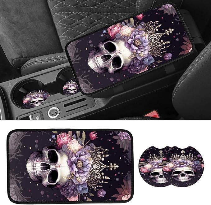 JANENFNA Car Armrest Cover Pads Universal Fashion Cute Auto Center Console Armrest Cover Pad with 2PCS Car Coasters Soft Waterproof Car Armrest Seat Protector for Women,Skull with Crown