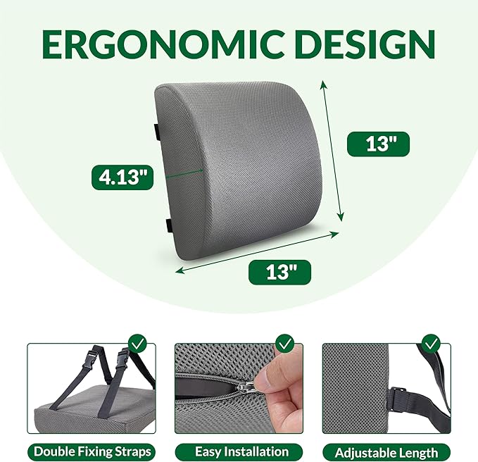 FuturaLoom Lumbar Support Pillow for Office Chair and Car,Back Support for Office Chair,Charcoal Memory Foam Back Cushion with Breathable Mesh Cover,Double Adjustable Straps,Grey