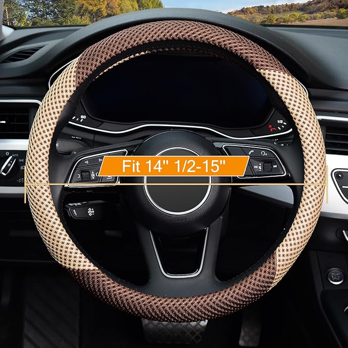 KAFEEK Steering Wheel Cover, Universal 15 inch, Microfiber Breathable Ice Silk, Anti-Slip, Odorless, Beige& Brown